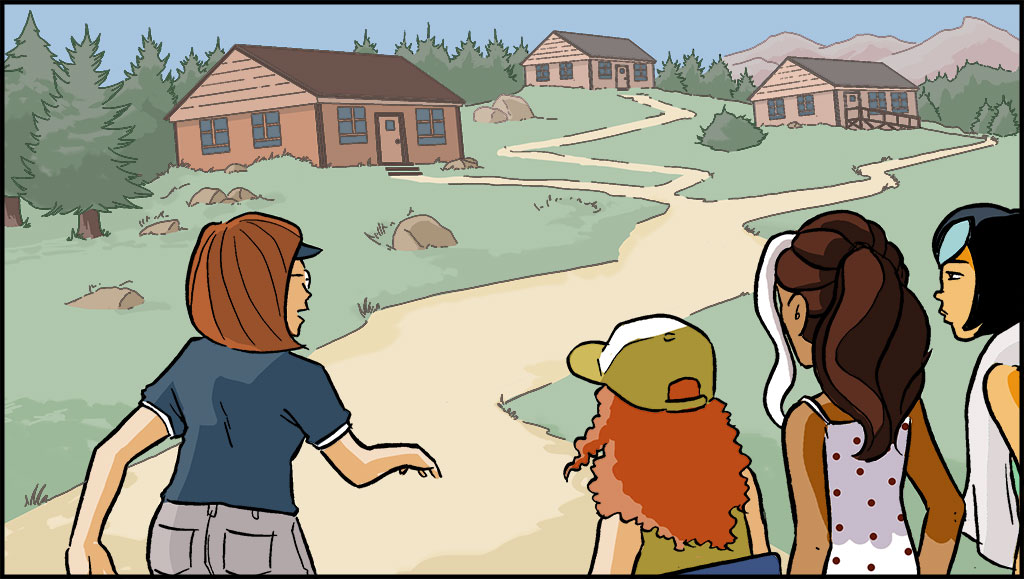 Gayle, Raina, Misti, and the female counselor are walking up the path to the cabin. Cabins, trees, and mountains can be seen in the background.