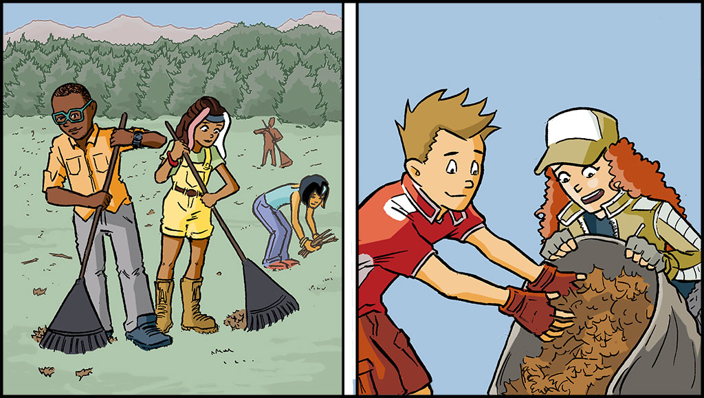 On the left, Ray and Gayle are raking leaves, pine needles, twigs, and debris on the ground. On the right, Gayle and Sonny are putting the leaves into a bag. 