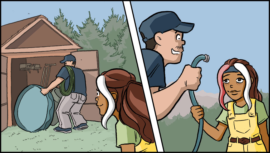 On the left, the counselor is pulling out kiddie pools and hoses from the shed with Misti. On the right, the counselor hands the hose to Misti.