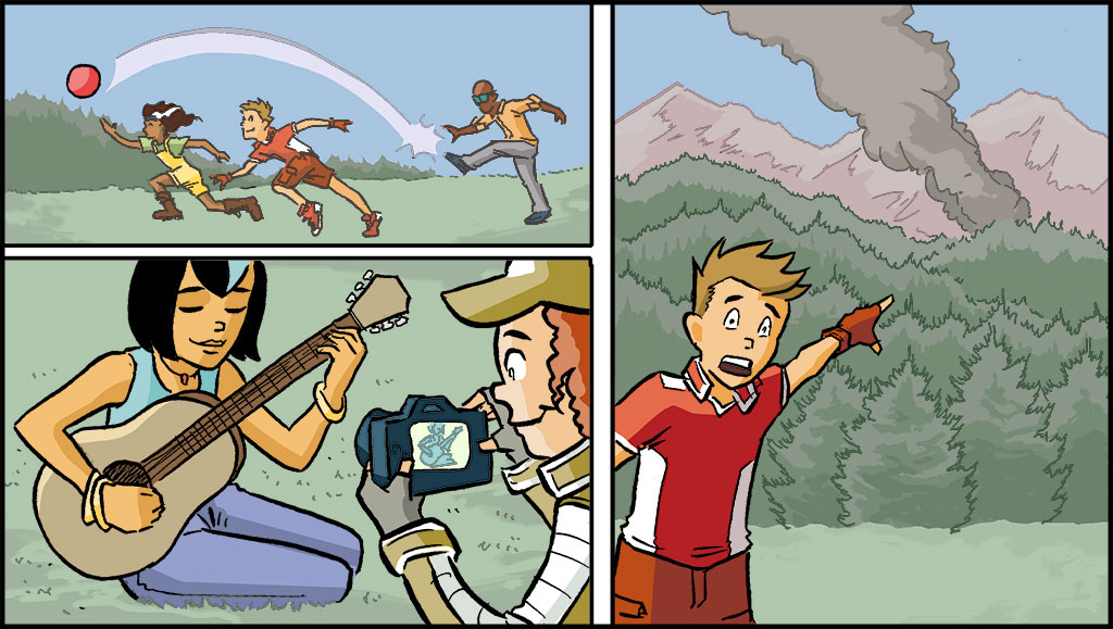 On the top left, Ray is kicking a ball to Misti and Sonny. On the bottom left, Raina is playing a guitar while Gayle is taking a picture. On the right, Sonny is pointing to the mountains. Smoke can be seen in the distant mountains.