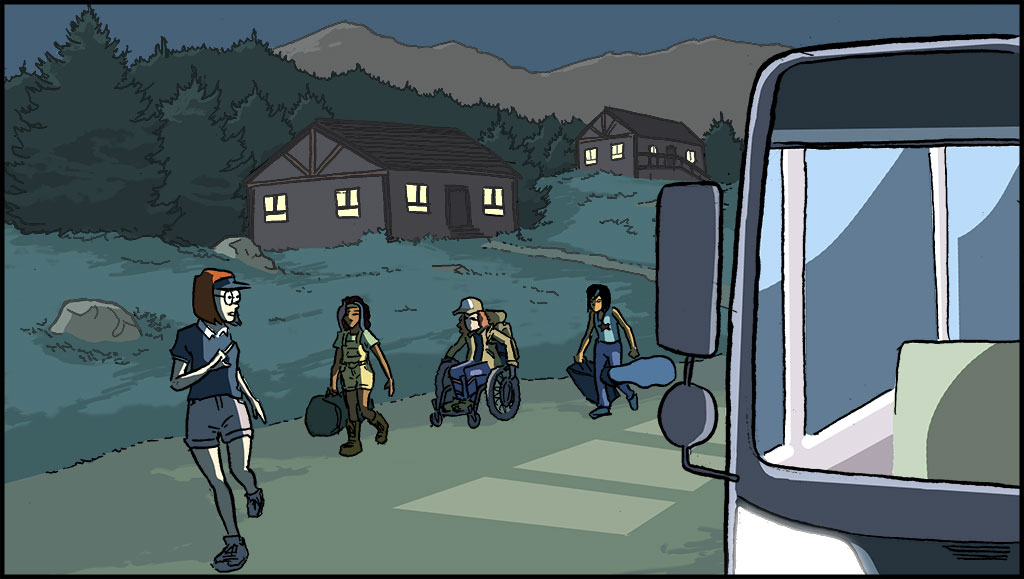 Gayle, Raina, Misti and the counselor are on the way to the bus. Each is carrying a small backpack. The lit cabins can be seen in the background along with trees and smoke in the distant mountains.