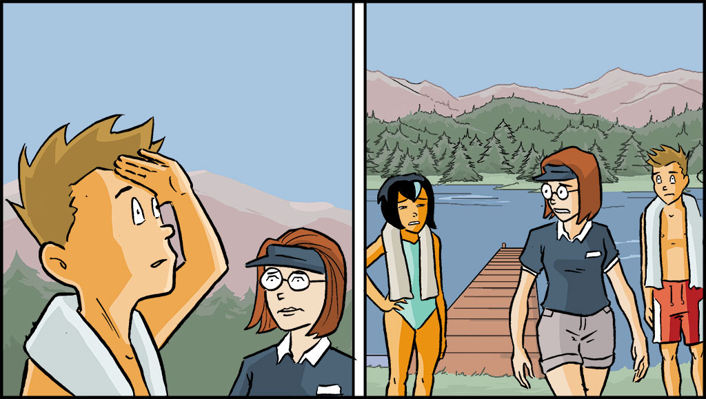 On the left, Sonny is gazing into the distance. On the right, Raina, Gayle and the counselor are walking away from the lake. 