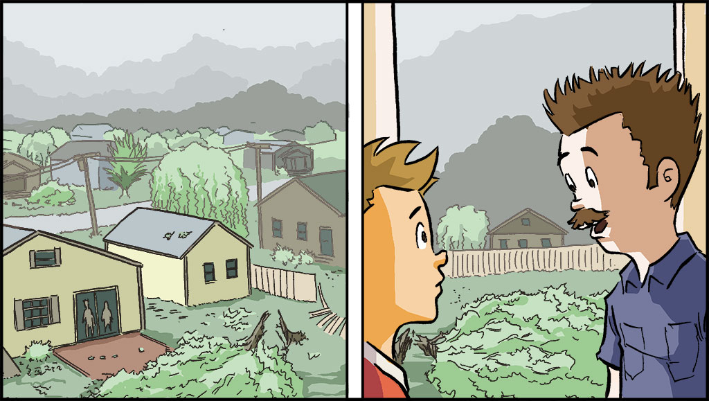 A la izquierda, una vista del patio trasero con árboles caídos, escombros y hojas dispersas. A la derecha, Sonny y su padre hablan en la cocina mientras miran hacia el patio.  