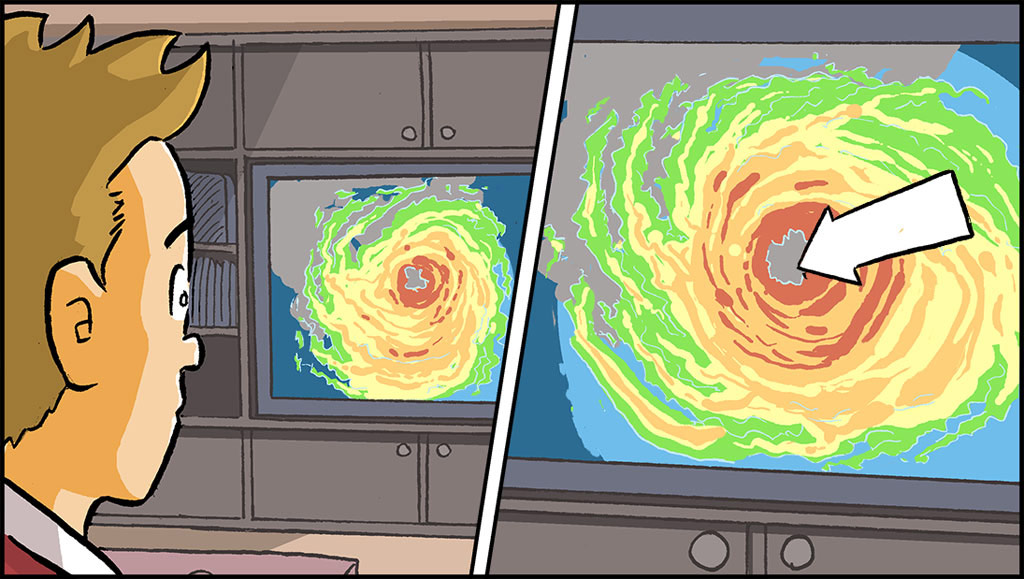 Un primer plano de Sonny mientras ve una imagen de satélite de la tormenta. Aparece una flecha que señala el ojo del huracán en la vista de satélite. 
