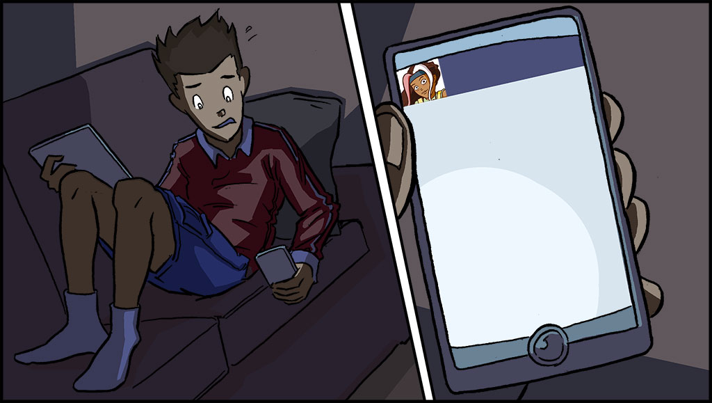 A la izquierda, Sonny aparece recostado en el sofá; intenta llamar a sus amigos. A la derecha, un primer plano de los mensajes de texto de Misti.