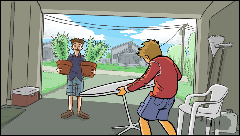 Sonny lleva mesas y sillas del patio al garaje. Su padre aparece con las plantas en la mano y las lleva al garaje también. 