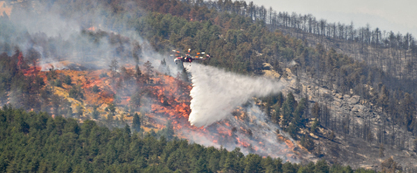 A helicopter dropping water on a forest fire from the air