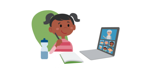 Illustration of a little girl distance learning on her computer. On her computer screen are a teach and several classmates. She is ready to write in her notebook. 