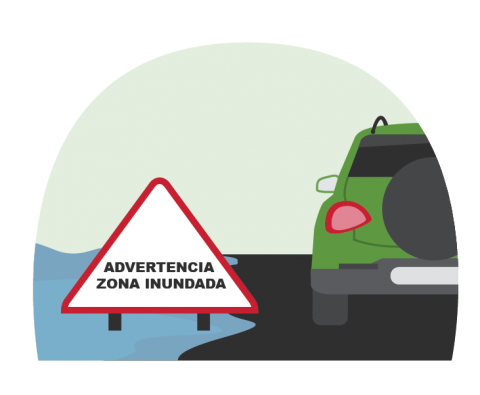 Un coche conduciendo alrededor del agua de las inundaciones. Un letrero dice ADVERTENCIA ZONA INUNDADA