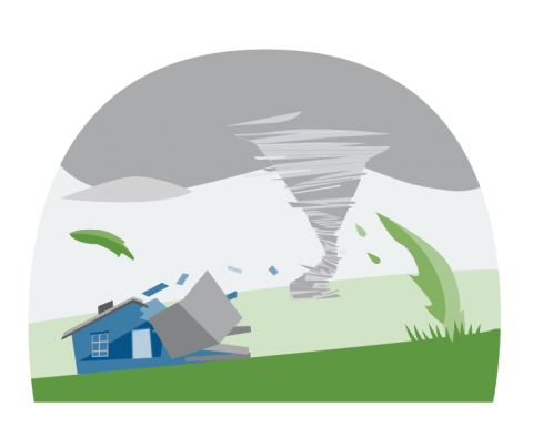Illustration of a tornado funnel moving away after damaging a house. 