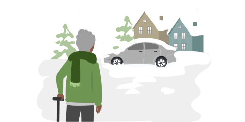 An older woman with a cane standing outside her house, her car is covered in snow. 