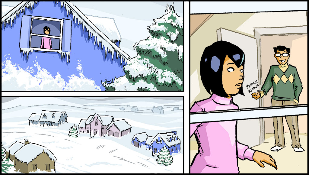 On the left, Raina is in her pajamas, looking out the window. Outside, there is snow everywhere, several feet high. On the right, Raina's father knocks on her door. 