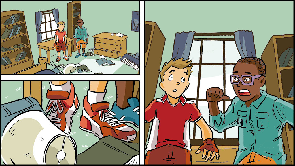 On the top left, Sonny and Blaze stand in the middle of the bedroom surrounded by debris on the floor. On the bottom left, a pile debris, including books, shoes, and a lamp. On the right, Sonny is talking to Blaze.