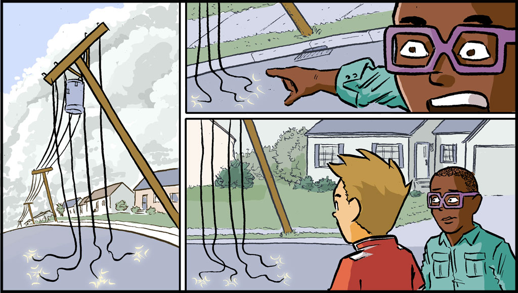 On the left, power lines have broken off of their poles and are lying in the street giving off electricity. On the top right, Blaze is pointing to the broken power lines. On the bottom right, Sonny and Blaze are looking at the power lines in the street.
