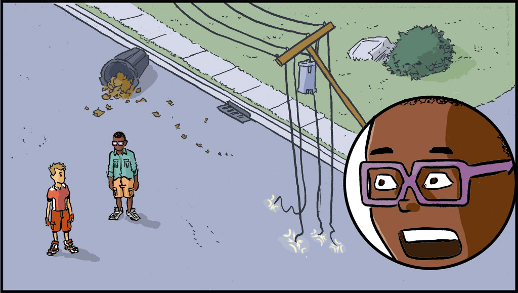 An aerial shot of Sonny and Blaze in the street, standing away from the broken power lines. On the bottom right, a close-up of Blaze's face.