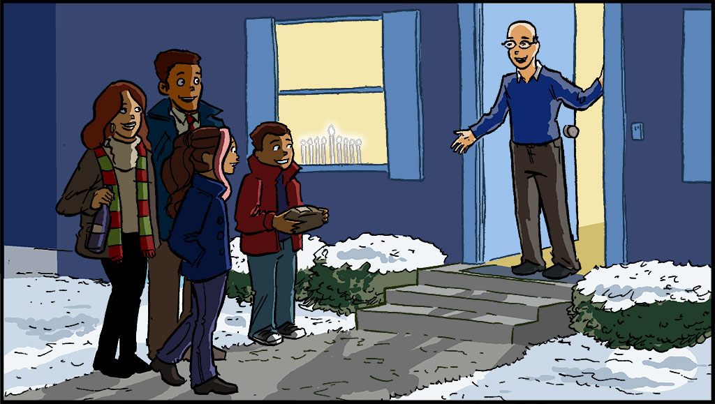 VISUAL: Misti and her family are walking towards the front door of their neighbor's house. An electric menorah is seen through the front window and their neighbor greets them at the front door.