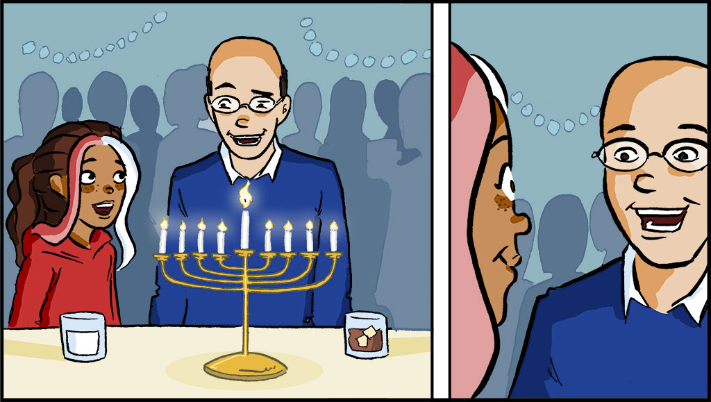 VISUAL: On the left, Misti and her neighbor look at the lit menorah candles. On the right, a close up of neighbor speaking.  