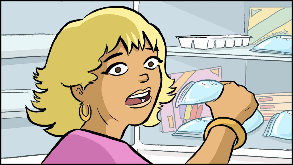 A close up of Sonny's mom, placing plastic bags in the freezer. 