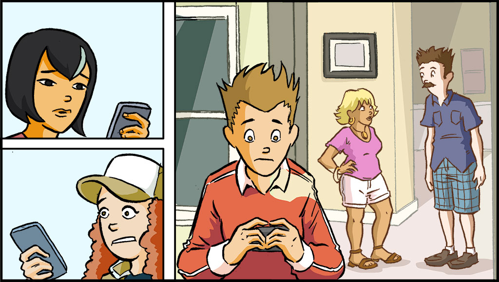 On the top left, a close up of Raina sending a text. On the bottom left, Gayle is reading her text messages. On the right, Sonny is texting his friends back. His parents stand in the background. 