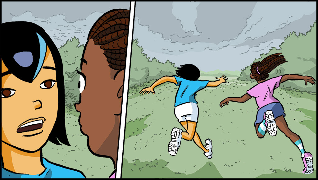 On the left, a close up of Raina talking to her friend. On the right, Raina and her friend are running across the field toward houses. There is lightning and thunder in the background. 