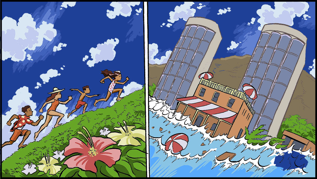 On the left, Misti and her family are running up the stairs to get to the top of a mountain. On the right, a large wave is crashing over the beach.