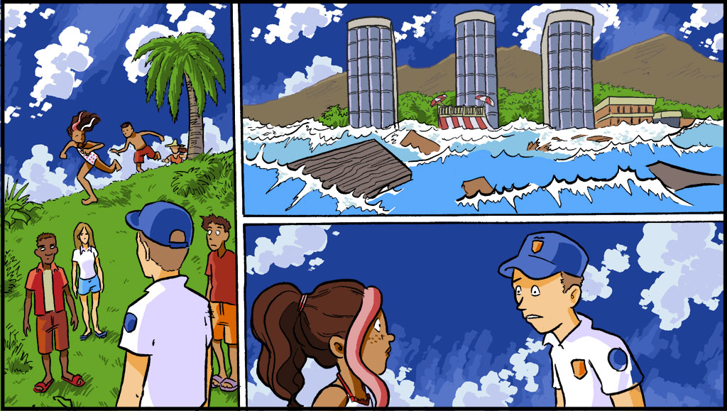 On the left, Misti and her family have made it to the top of the mountain; there is a group of people already there. On the top right, water has completely covered the beach and snack bar, and other debris can be seen floating. On the bottom right, Misti is talking to a safety official.