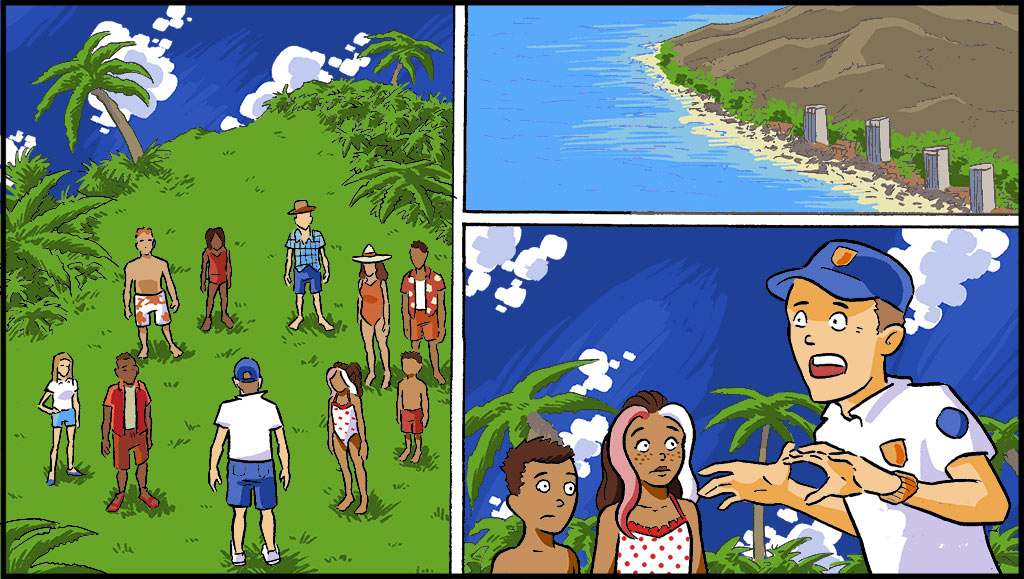 On the left, everyone is waiting at the top of the mountain. On the top right, an aerial view of the coastline showing damaged buildings and debris on the beach. On the bottom right, Misti and her brother are listening to the safety official.