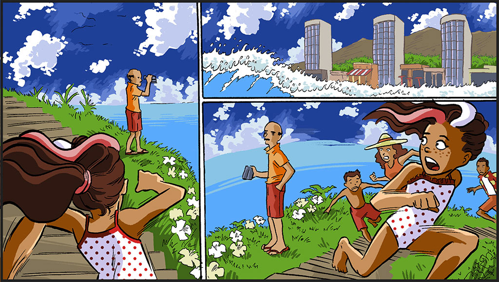 On the left, Misti is running up a flight of stairs to get to the top of a mountain. She passes a man with a camera overlooking the cliff. On the top right, a large wave crashes over the beach, almost covering the snack bar. On the bottom right, Misti is looking back at the man with the camera while running up the stairs with her family.