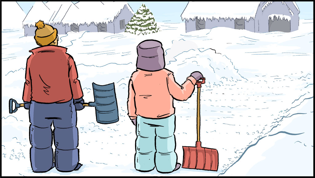 Raina y su padre miran las aceras limpias; la nieve aparece amontonada al lado de la calle.