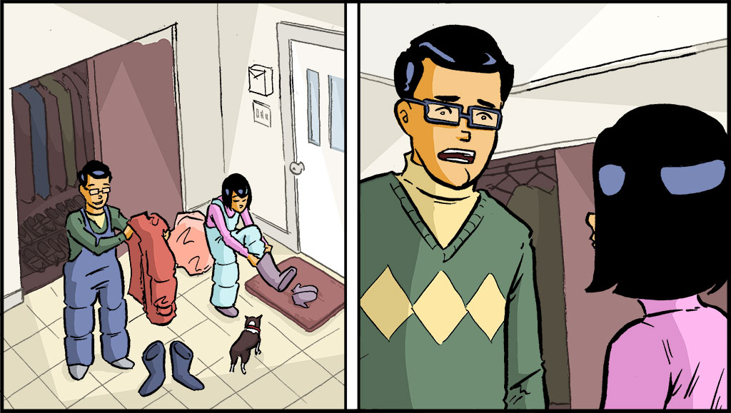 A la izquierda, Raina y su padre están dentro de la casa; se están quitando los chaquetones y las botas. Sus vestidos se ven mojados. A la derecha, un primer plano del padre de Raina mientras le habla.