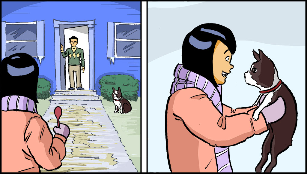 A la izquierda aparece el padre de Raina, la llama desde los escalones del porche. A la derecha un primer plano de Raina con su perro en brazos mientras le habla. 