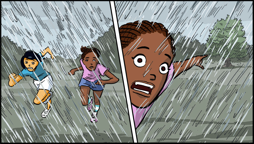 Comienza a llover. Las niñas corren a través del campo. La amiga de Raina señala hacia un árbol que está en el medio del campo. 