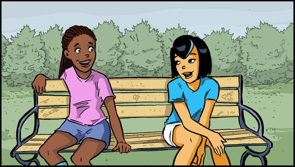 Raina y su amiga están hablando en el banco de un parque.