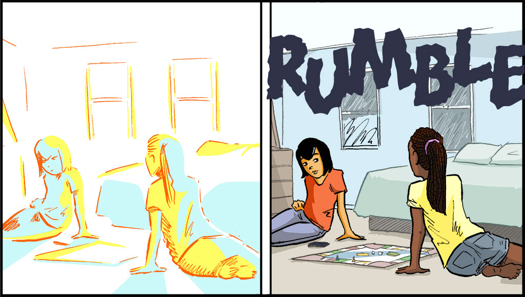 Raina y su amiga están en el suelo de su cuarto; juegan un juego.