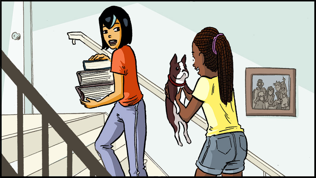 Raina y su amiga suben las escaleras, llevan álbumes, archivos de acordeón y un portátil. Su amiga lleva el perro de Raina en brazos.