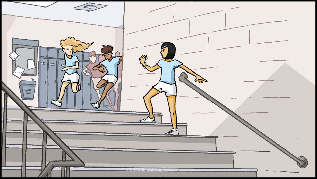 Raina y sus amigas corren; bajan por las escaleras.  
