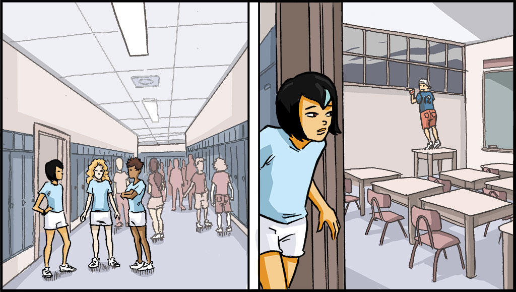A la izquierda, los estudiantes aparecen en el pasillo del sótano de la escuela. A la derecha, un estudiante está parado sobre un escritorio y mira por una ventana. 
