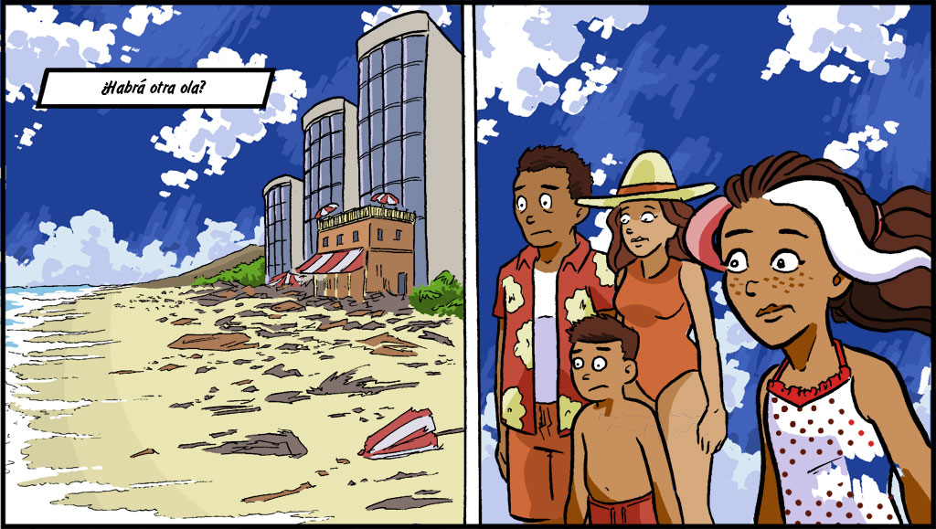 A la izquierda, la marea retrocede; se ven muchos escombros en la playa. A la derecha, Misti habla con su familia. PIE DE IMAGEN: ¿Habrá otra ola?