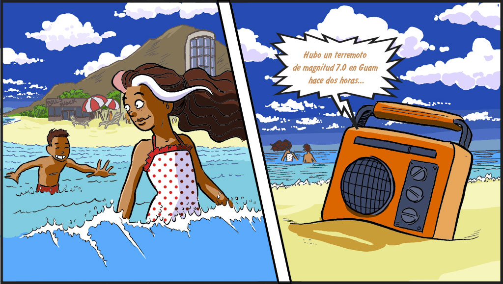 A la izquierda, Misti y su hermano juegan en el mar. A la derecha un primer plano del radio de Misti en la arena. RADIO ANNR: Hubo un terremoto de magnitud 7.0 en Guam hace dos horas...