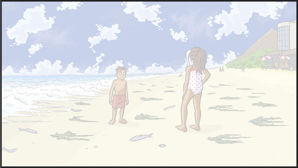 Misti y su hermano aparecen de pie en la playa, la marea ha retrocedido y hay peces en la arena. 
