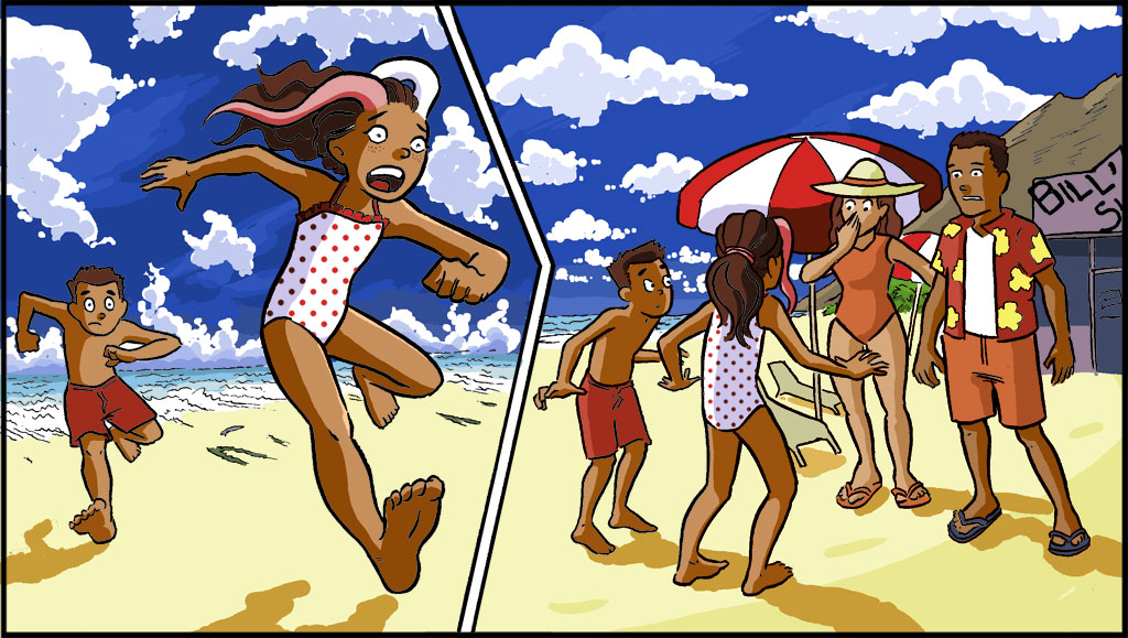 A la izquierda, Misti y su hermano corren; se alejan del océano. A la derecha Misti aparece de pie en la playa con toda su familia.