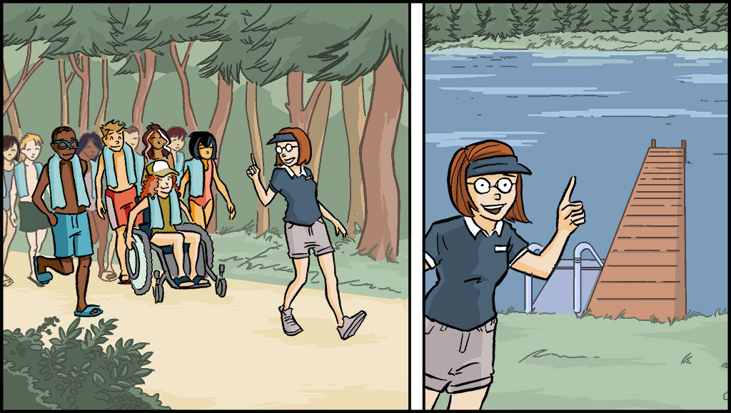 A la izquierda, los cinco amigos caminan hacia el lago; siguen a la consejera. Un muelle y un lago se pueden ver a la derecha. 