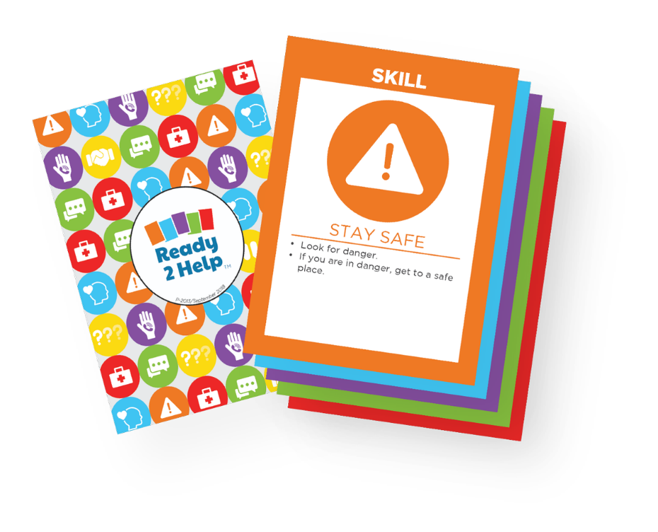 Ready 2 Help card game stack with the Stay Safe card face up explaining to get to a safe place if you are in danger