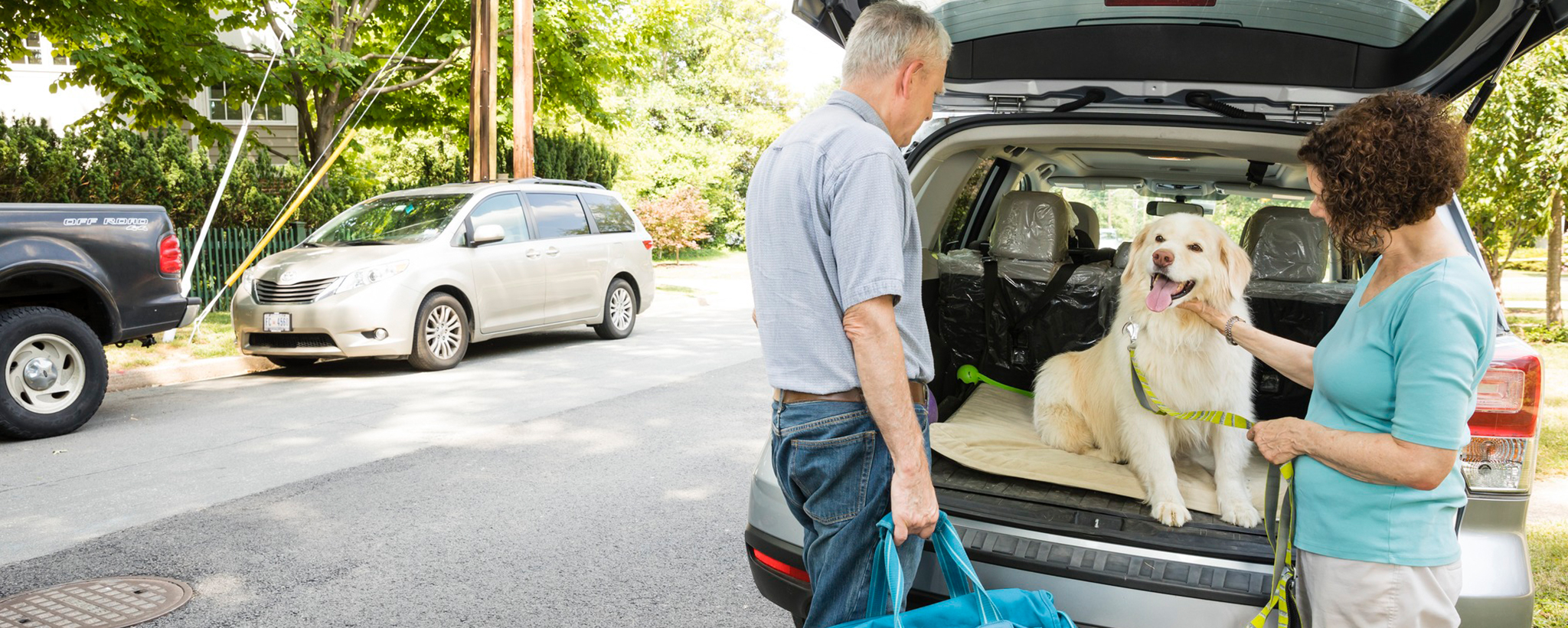 Pareja poniendo a su perro en la parte trasera de un SUV con bolsas de viaje