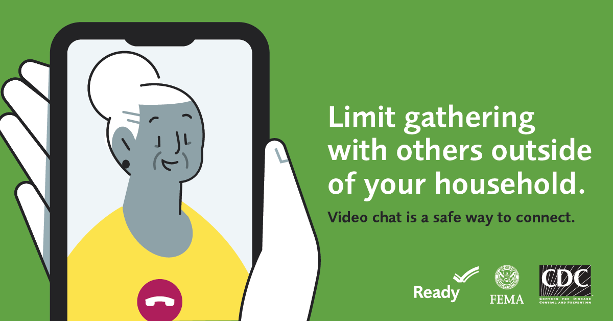 A grandmother on a video chat. Limit gatherings with others outside of your household. Video chat is a safe way to connect. 