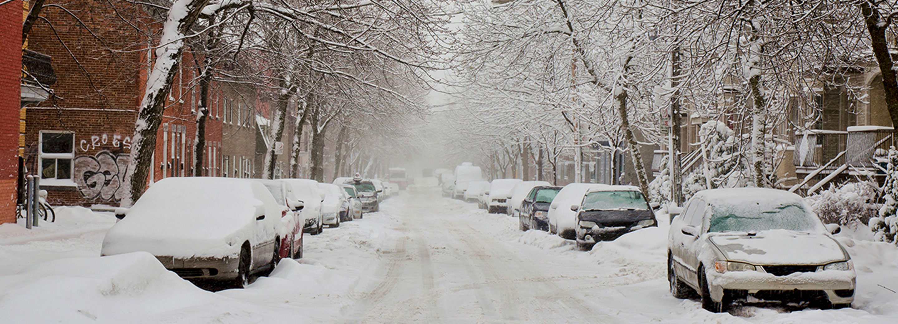 snow covered cars parked on both sides of a city street