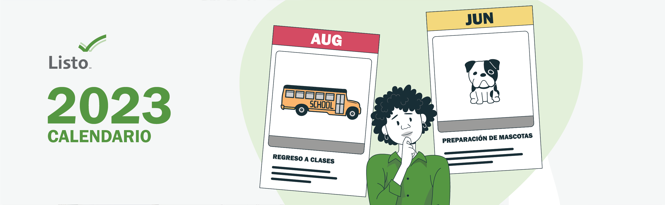 Calendario 2023. Una mujer mira las tarjetas de calendario de agosto y junio que dicen regreso a la escuela y preparación con mascotas.