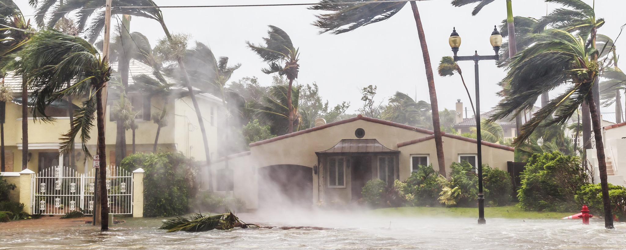 una casa durante un huracán, el agua inunda la calle y los árboles se balancean bruscamente con el viento.