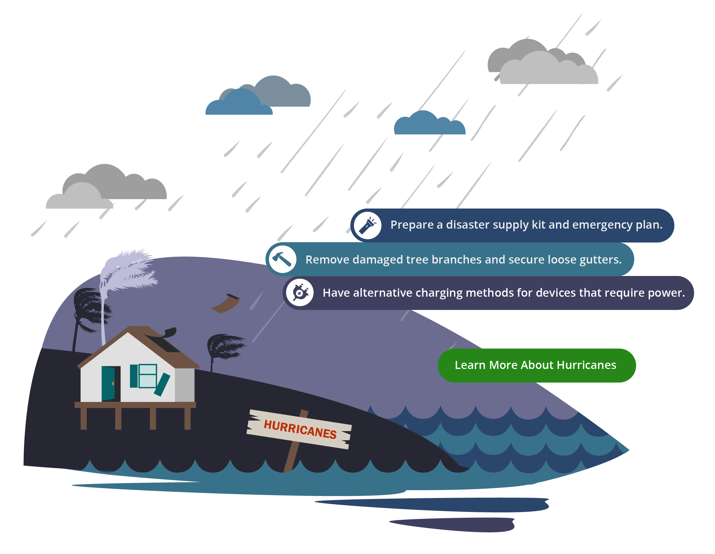 Prepare a disaster supply kit and emergency plan. Remove damaged tree branches and secure loose gutters. Have alternative charging methods for devices that require power. Learn more about hurricanes