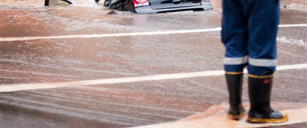 Close up of man's rubber safety boots, as he is standing in running water